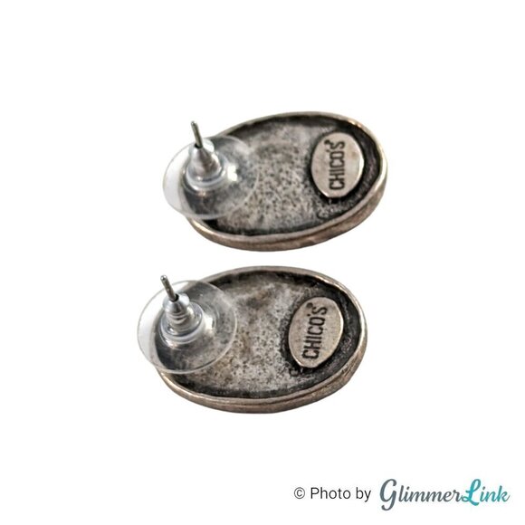 Chico's Oval Brown Black Swirl Checkered Enamel Pierced Silver Tone Earrings - Picture 6 of 10